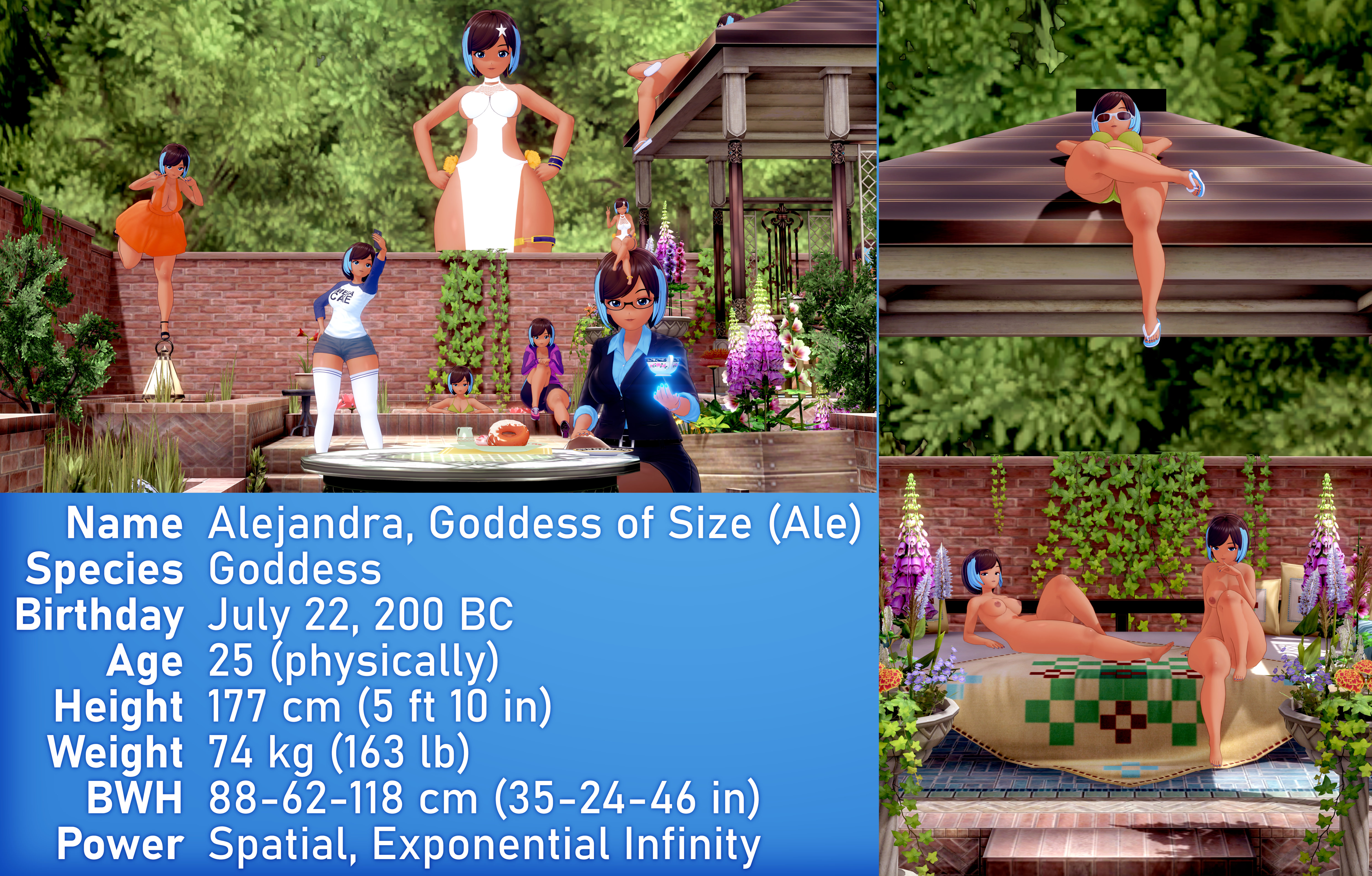 Nine duplicates of Ale lounging in a garden.  From left to right: Ale in an orange low-cut dress balancing on the handle of a lantern floating in a small pool of water on one foot effortlessly. Ale in her trademark blue-and-white 'MEGA CAKE' shirt and white thigh highs taking a selfie with a smartphone. Ale in a lime green bikini relaxing in a pool.  A gigantic Ale standing behind the brick wall of the garden, clad in a revealing pure white dress.  Ale in a purple and pink hoodie with short spats and running shoes.  Ale wearing a blue dress shirt and black blazer, with a pencil skirt and pantyhose--she's telekinetically levitating an ornately-decorated teacup, glowing blue from her power.  A tiny Ale sitting atop the previous Ale's head, dressed in the same revealing white dress as the aforementioned one--she's flashing a V sign while grinning.  Ale in the aforementioned lime green bikini and white/blue sandals and sunglasses, suntanning on the roof of a small gazebo.  Inside the gazebo, two more Ales recline in the nude, seductively eying the viewer.